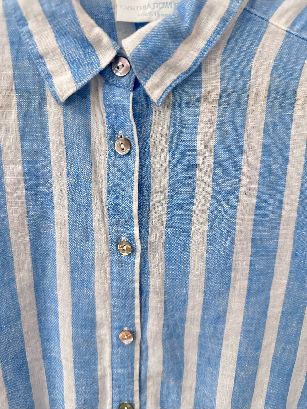 Cynthia Rowley M Linen blue-white stripe long sleeve cottagecore coastal blouse - Picture 4 of 13